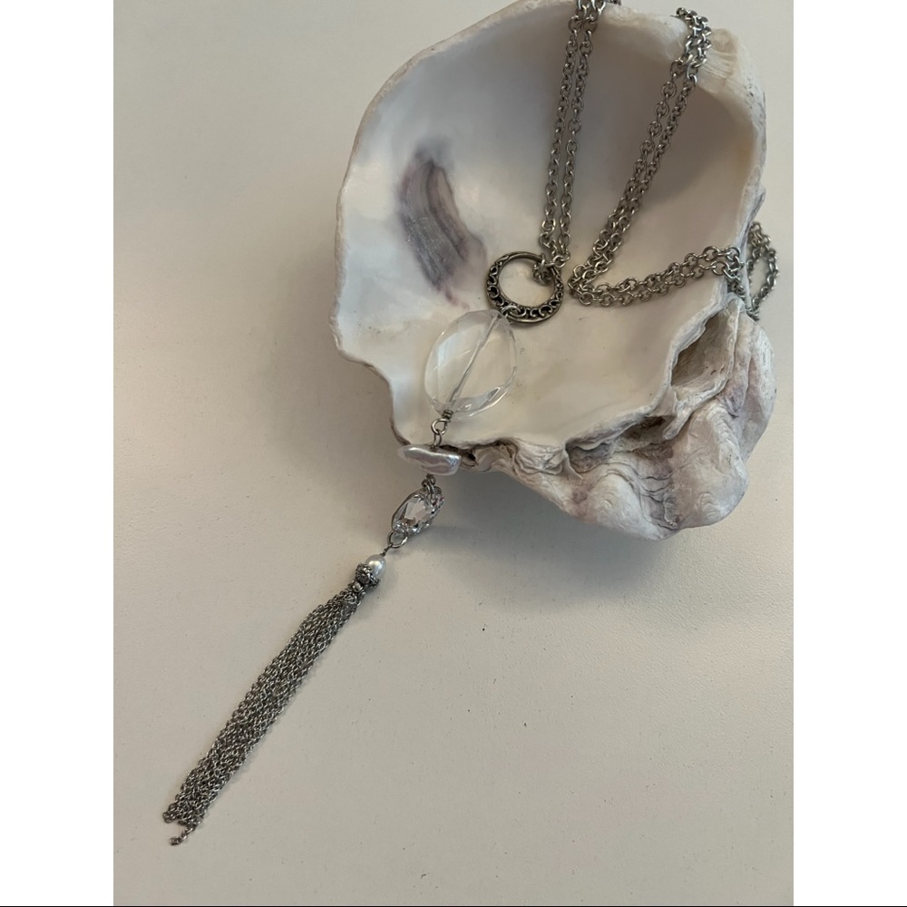 Clear Quartz Swarovski Crystal Antique Silver Tassel Long Necklace / Zuka